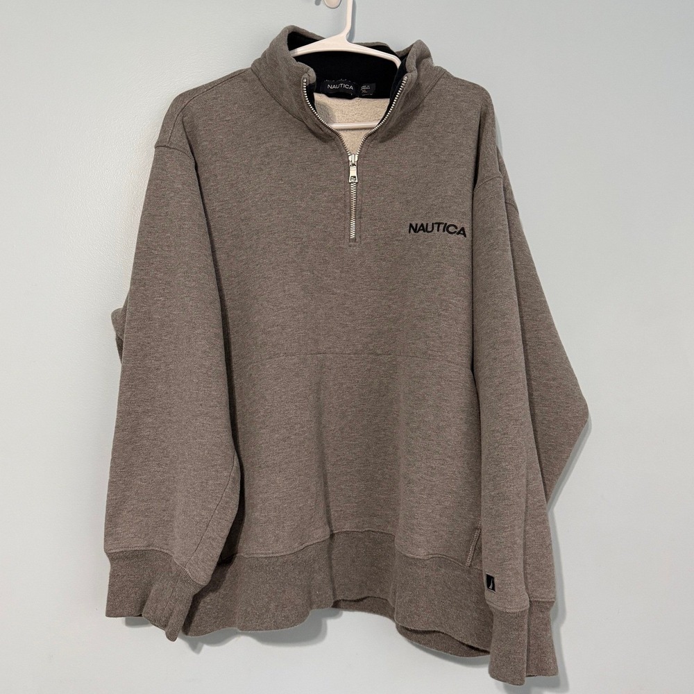 Nautica Men's XL Quarter Zip Sweatshirt Heather Brown Fleece Pullover 1109